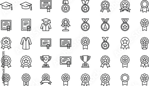 Graduation and achievement outline icon set featuring certificates, medals, trophies, academic awards, and honor symbols