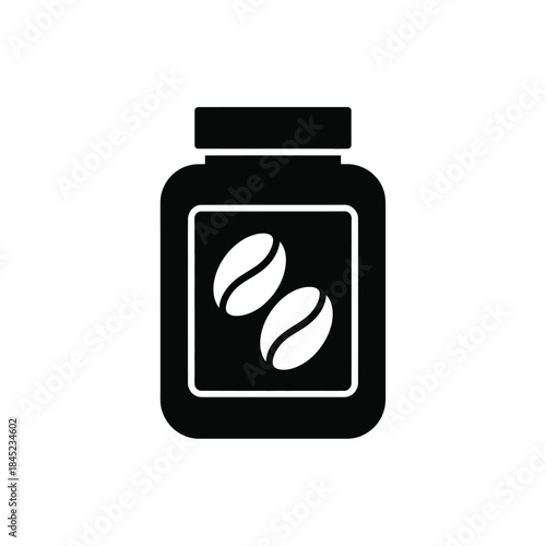 Instant coffee powder storage jar package design with large roasted bean icons on label ready for brewing preparation black silhouette vector