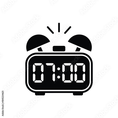 Digital alarm clock ringing loudly at seven oclock morning time seven zero zero display reminding person to wake up black silhouette vector