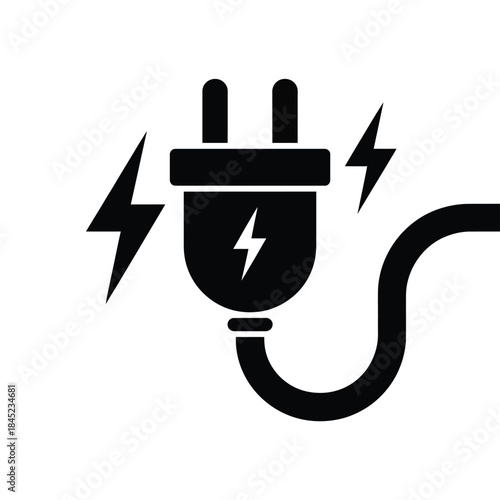 Standard household electric plug connected to cord showing intense electrical power output indicated by surrounding lightning bolt sparks vector