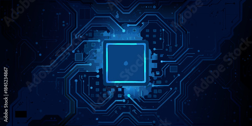 Abstract blue circuit board pattern with a central square focus
