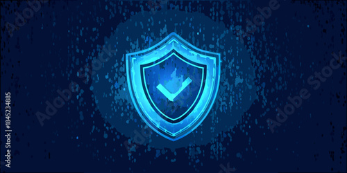 A glowing blue shield with a checkmark symbol representing security and protection