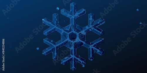 A striking blue polygonal snowflake illustration against a dark background