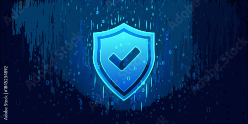 A glowing blue shield with a white checkmark symbolizes digital security and protection