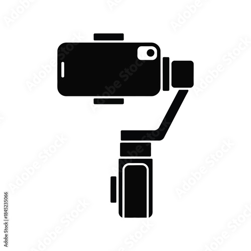 Black glyph icon depicting smartphone mounted on handheld electronic gimbal stabilizer for smooth video recording