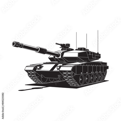 Detailed black and white illustration of a modern military tank with treads