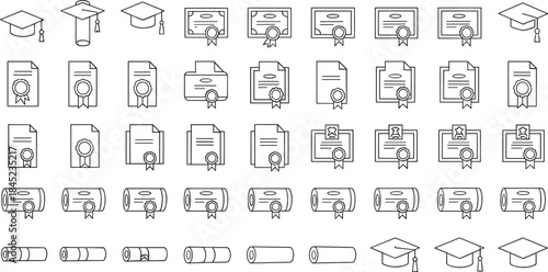 Certificate and diploma outline icon set featuring academic documents, awards, graduation caps, and achievement records