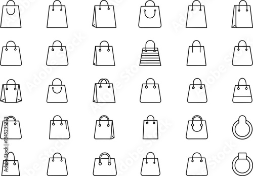 Shopping bag outline icon set featuring retail, ecommerce, packaging, and consumer purchase symbols