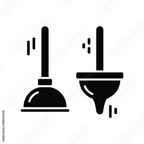 Two toilet plungers icon one showing suction one messy with liquid for plumbing unclogging service