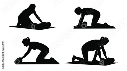 Silhouette set illustrating four distinct steps of a woman rolling up or unrolling her exercise yoga mat on the floor