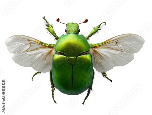 Shiny green beetle with white wings spread on a white background detailed legs and antennae