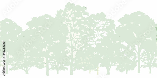 A minimalist illustration of a dense forest row in pale green tones