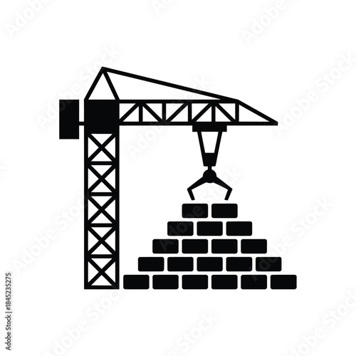 Tower construction crane icon lifting stack of bricks symbolizing building infrastructure development project
