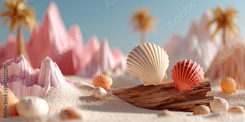 Tropical Shoreline Scene with Colorful Seashells and Soft Sand Terrain
