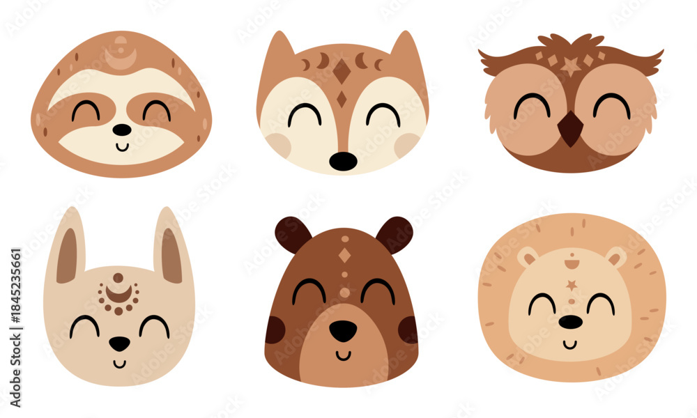 Fototapeta premium Boho woodland animal faces clipart set in cartoon style. Bohemian forest characters. Vector illustration