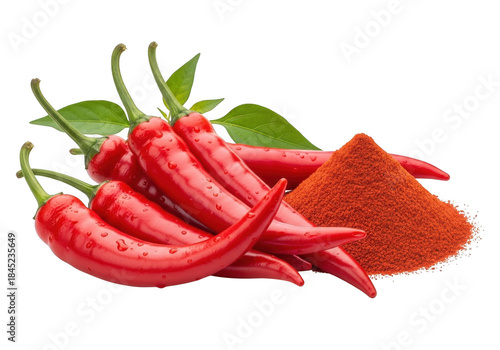 Fresh red chili peppers and chili powder pile isolated on transparent background