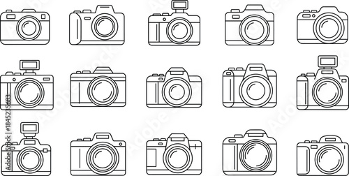 Camera and photography outline icon set featuring digital cameras, lenses, flashes, and photo equipment