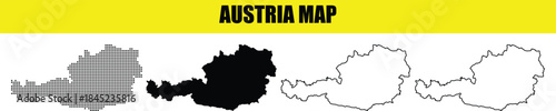 Austria Map Collection Halftone Dotted Grid, Solid Silhouette, and Outline Contour Vector Set. Modern Geographic Templates for Travel, Education, and Infographics