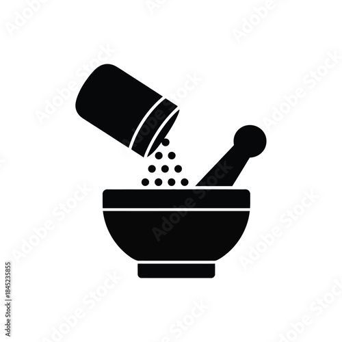 Iconic black silhouette of mortar and pestle with ingredients being poured from container vector graphic illustration