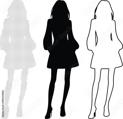 Three Styles of Standing Woman Silhouette Halftone Dot Matrix, Solid Black Fill, and Outline Vector