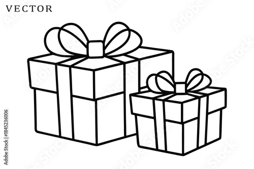Christmas gift box line art, New Year presents, gift boxes with ribbons, vector illustration
