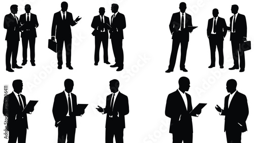 Collection of black silhouette vector icons depicting various professional businessmen standing and interacting in formal attire