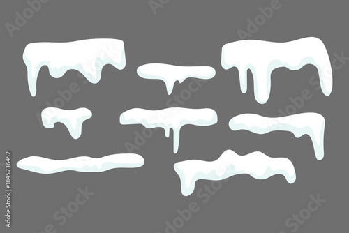 Snow cap element set. White winter frost. Icy flowing texture. Vector cold concept.