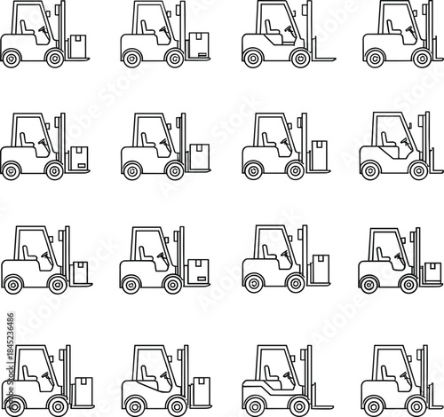 Forklift and warehouse logistics outline icon set featuring industrial material handling vehicles