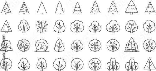 Tree and forest outline icon set featuring pine, deciduous trees, woodland nature symbols
