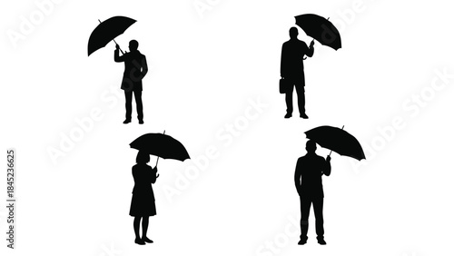 Collection of four black and white silhouettes featuring business people holding umbrellas