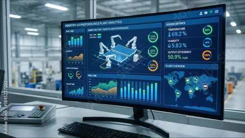 Monitor displaying industrial analytics dashboard for Industry 4.0 photovoltaics plant equipment. Solar panels smart factory display visualizing robotic arms performance and metrics from sensor data