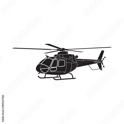 A detailed silhouette of a helicopter in a solid black color scheme