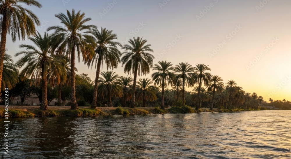 Obraz premium Palm trees line a calm waterway at sunset, casting long shadows. Water reflects sky