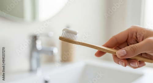 Hand holding a bamboo toothbrush with toothpaste in a bright bathroom