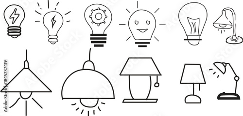 A collection of various light bulbs and lamps illustrations