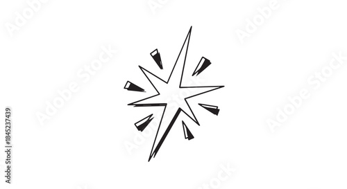 Abstract black starburst graphic with jagged rays and scattered fragments.