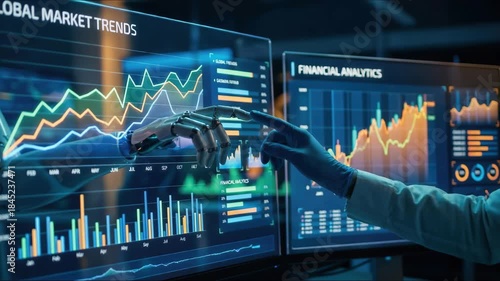 AI trading analysis. Human hand and plastic robot arm tracking sales graph with artificial intelligence. A captivating scene showcasing the interaction between a human hand and a robotic hand amidst v