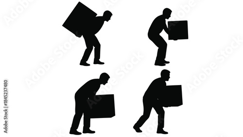 Silhouettes of men demonstrating various correct and incorrect heavy lifting techniques for safe manual handling of boxes