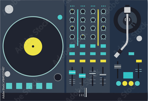Minimalist DJ Turntable and Mixer Illustration, Flat Electronic Dance Music Party