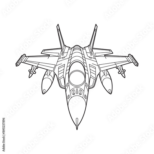 Detailed line art illustration of a modern fighter jet viewed from above