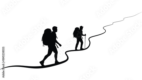 Silhouette of two backpackers hiking uphill on a winding path symbolizing journey progress and outdoor adventure travel
