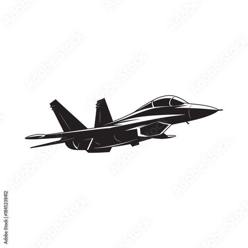 Sleek black silhouette of a modern fighter jet in dynamic flight