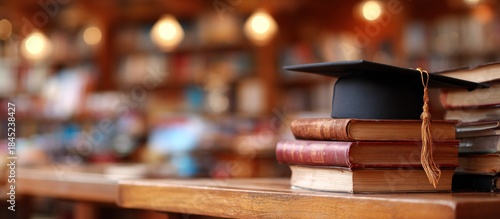 Graduation cap on books in library.