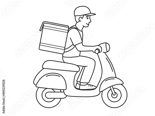 A side view of a courier wearing a cap and carrying a large square bag on a two-wheeled electric moped. Food and grocery delivery. Vector illustration isolated on a white background