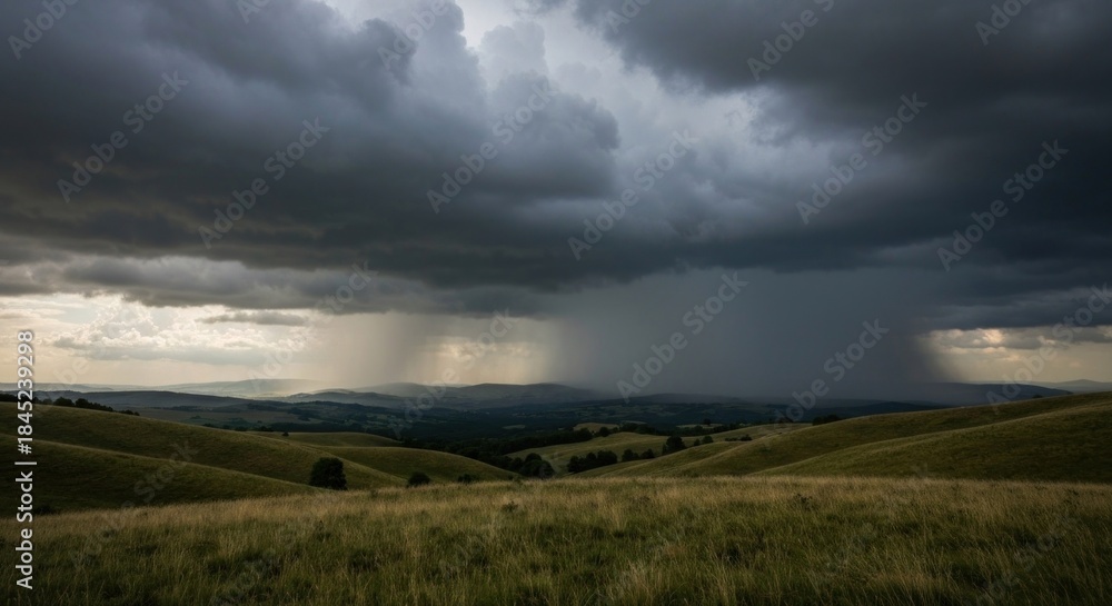 Fototapeta premium Storm brewing over rolling hills, with a burst of rain beneath a dramatic, dark sky