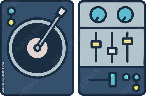 Minimalist DJ Turntable and Mixer Icon, Flat Party Music Equipment Vector Illustration