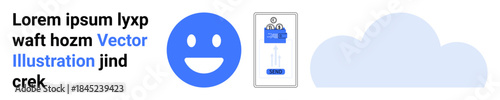 Social interaction, digital data, document management, positive emotions, mobile technology, cloud storage. happy face, smartphone with clipboard and cloud graphic. Positive emotions and digital