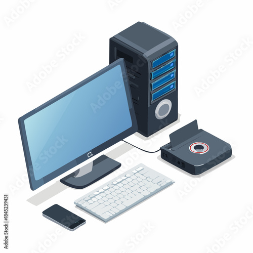 Isometric personal computer setup with monitor CPU keyboard and external hard drive.