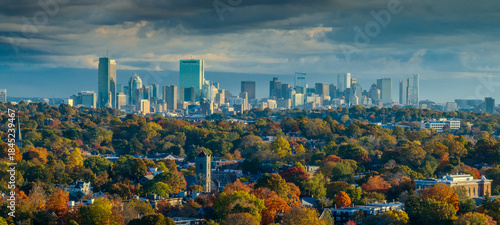 Aerial view of Boston's skyline rises majestically beyond a vibrant tapestry of autumnal foliage, painting a stunning contrast against the cloudy sky, Boston, Massachusetts, United States.