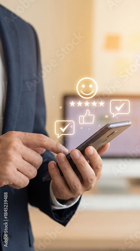 Customer satisfaction rating on smartphone with five star review interface. Positive user feedback, Service quality evaluation and Digital experience management concept. Vertical bg